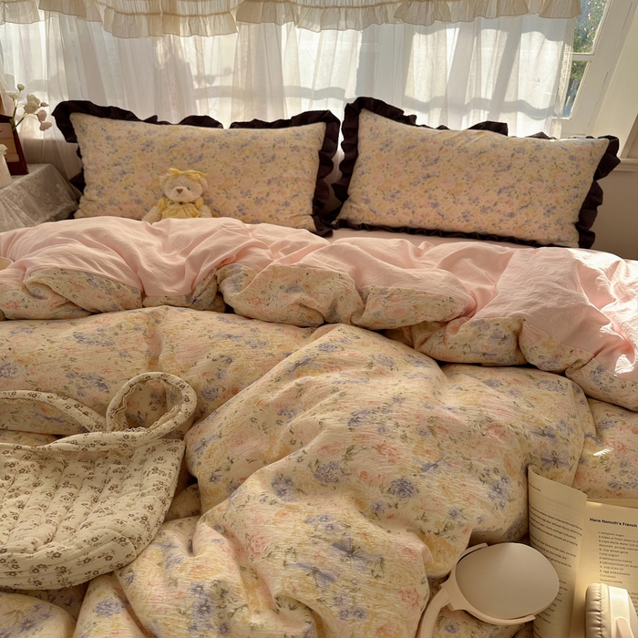 91家纺网 家纺一手货源 找家纺 顾里家纺 2025新款韩系花边皱皱纱四件套 夕雾漫语