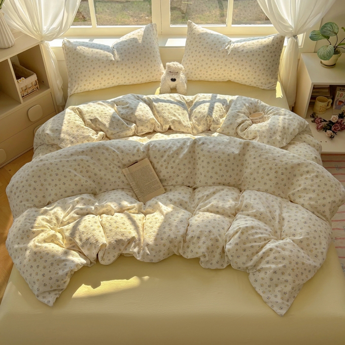 91家纺网 家纺一手货源 找家纺 耀达家居 2025新款木棉A类有氧双层纱四件套小清新碎花床单宿舍三件套 梨梦