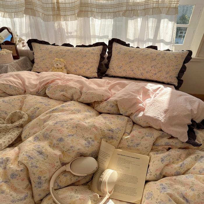 91家纺网 家纺一手货源 找家纺 顾里家纺 2025新款韩系花边皱皱纱四件套 夕雾漫语