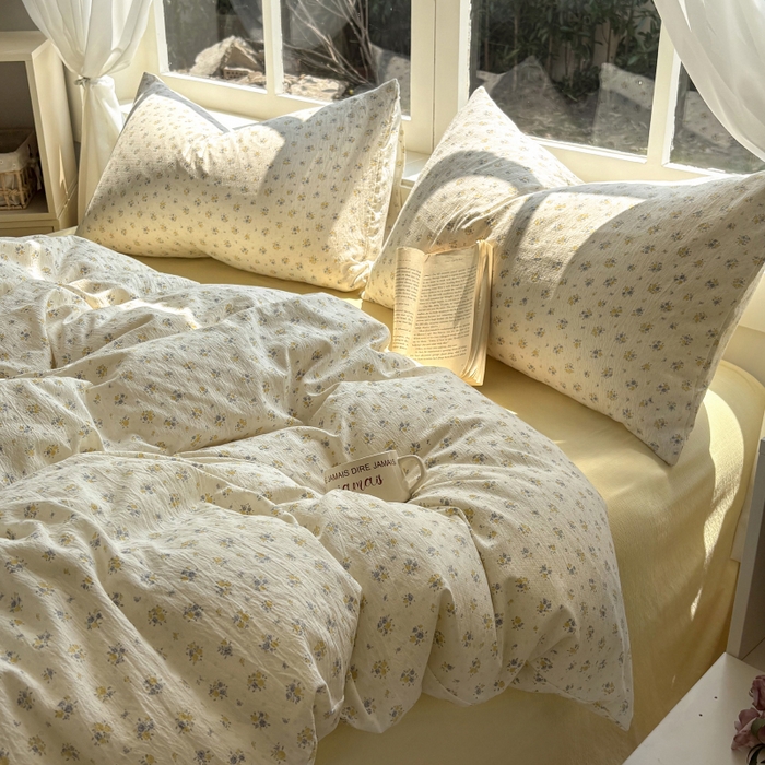 91家纺网 家纺一手货源 找家纺 耀达家居 2025新款木棉A类有氧双层纱四件套小清新碎花床单宿舍三件套 梨梦