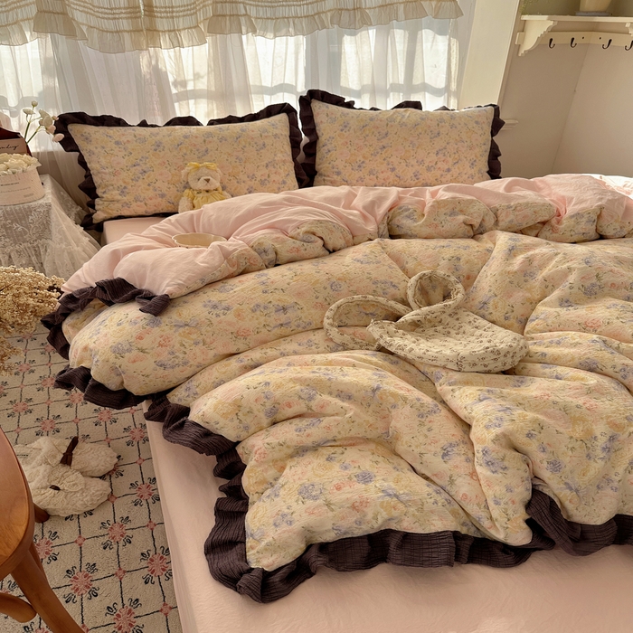 91家纺网 家纺一手货源 找家纺 顾里家纺 2025新款韩系花边皱皱纱四件套 夕雾漫语