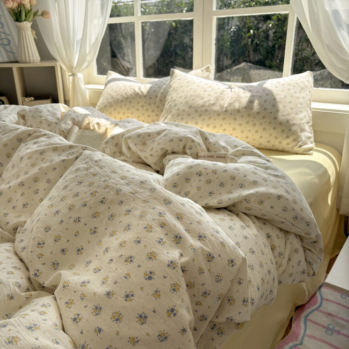 91家纺网 家纺一手货源 找家纺 耀达家居 2025新款木棉A类有氧双层纱四件套小清新碎花床单宿舍三件套 梨梦