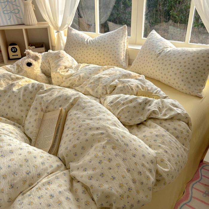 91家纺网 家纺一手货源 找家纺 耀达家居 2025新款木棉A类有氧双层纱四件套小清新碎花床单宿舍三件套 梨梦