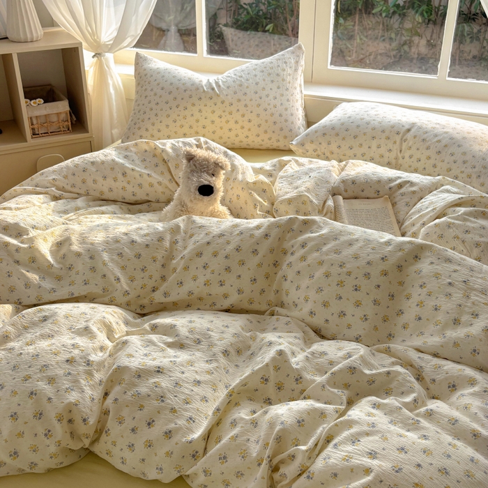 91家纺网 家纺一手货源 找家纺 耀达家居 2025新款木棉A类有氧双层纱四件套小清新碎花床单宿舍三件套 梨梦