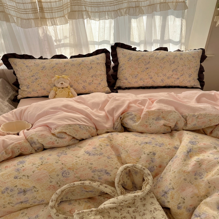 91家纺网 家纺一手货源 找家纺 顾里家纺 2025新款韩系花边皱皱纱四件套 夕雾漫语