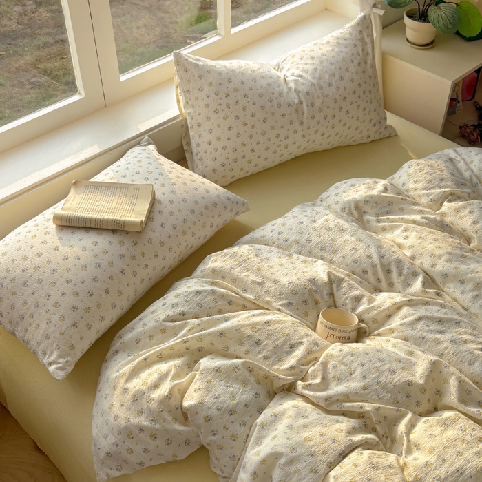 91家纺网 家纺一手货源 找家纺 耀达家居 2025新款木棉A类有氧双层纱四件套小清新碎花床单宿舍三件套 梨梦