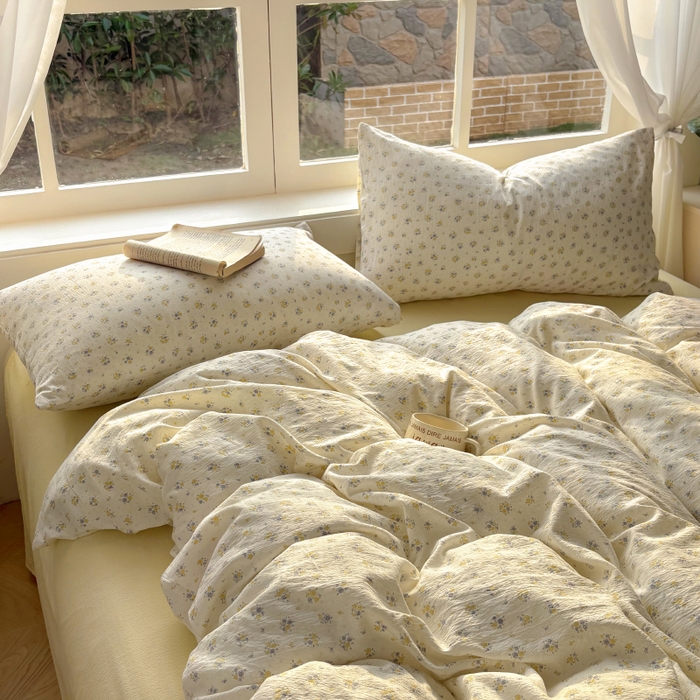 91家纺网 家纺一手货源 找家纺 耀达家居 2025新款木棉A类有氧双层纱四件套小清新碎花床单宿舍三件套 梨梦