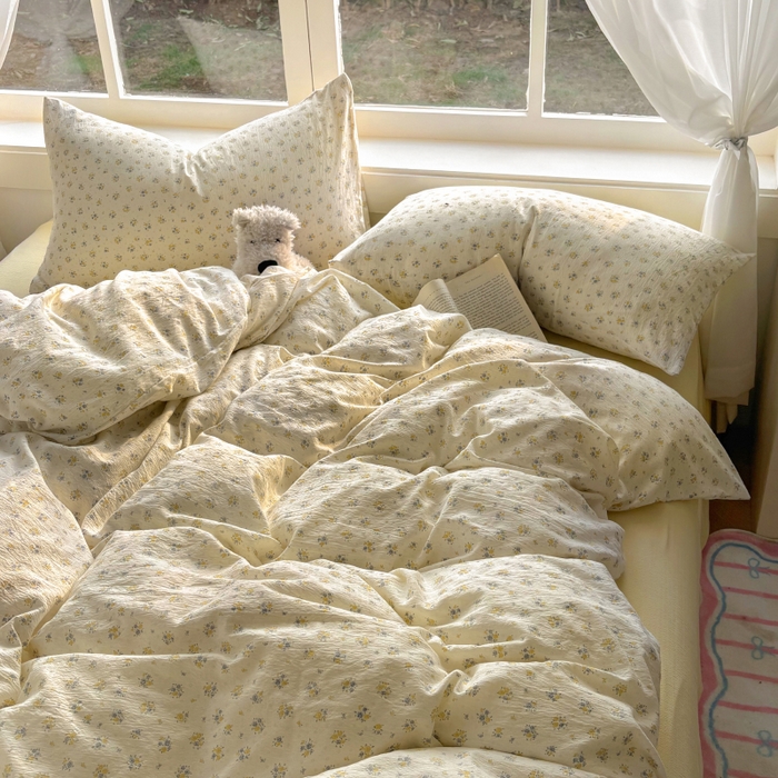 91家纺网 家纺一手货源 找家纺 耀达家居 2025新款木棉A类有氧双层纱四件套小清新碎花床单宿舍三件套 梨梦