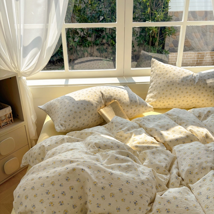 91家纺网 家纺一手货源 找家纺 耀达家居 2025新款木棉A类有氧双层纱四件套小清新碎花床单宿舍三件套 梨梦