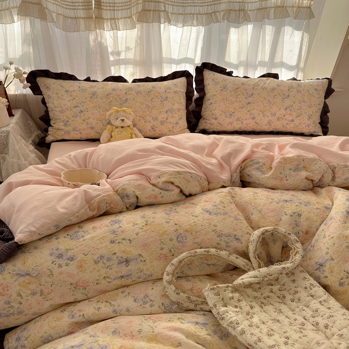 91家纺网 家纺一手货源 找家纺 顾里家纺 2025新款韩系花边皱皱纱四件套 夕雾漫语