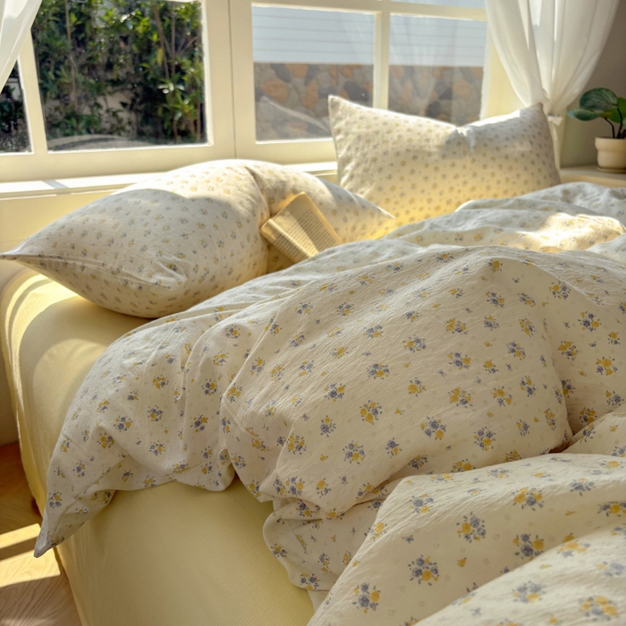 91家纺网 家纺一手货源 找家纺 耀达家居 2025新款木棉A类有氧双层纱四件套小清新碎花床单宿舍三件套 梨梦