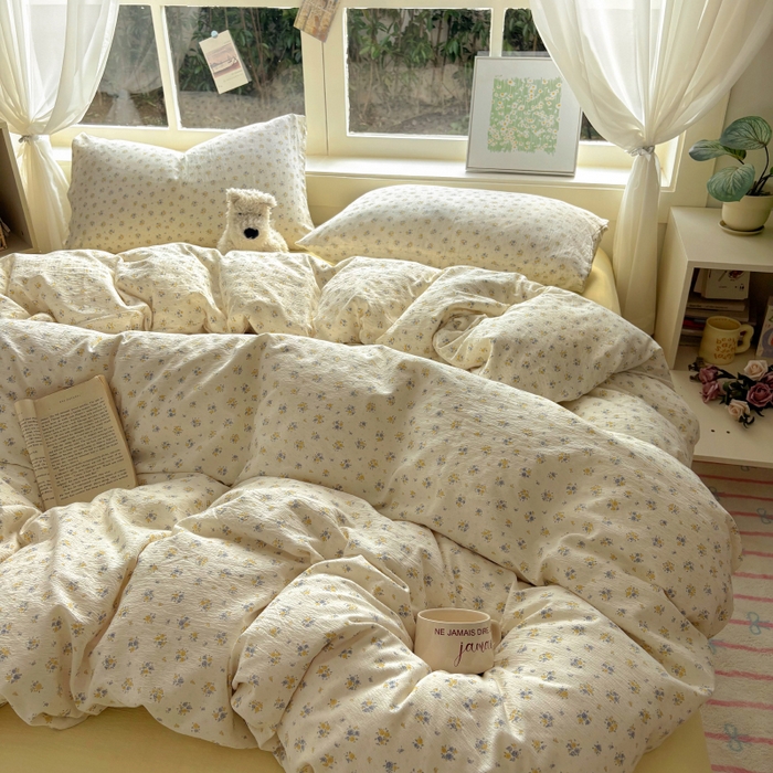 91家纺网 家纺一手货源 找家纺 耀达家居 2025新款木棉A类有氧双层纱四件套小清新碎花床单宿舍三件套 梨梦