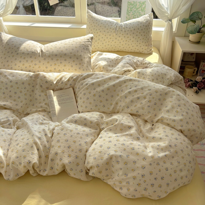 91家纺网 家纺一手货源 找家纺 耀达家居 2025新款木棉A类有氧双层纱四件套小清新碎花床单宿舍三件套 梨梦