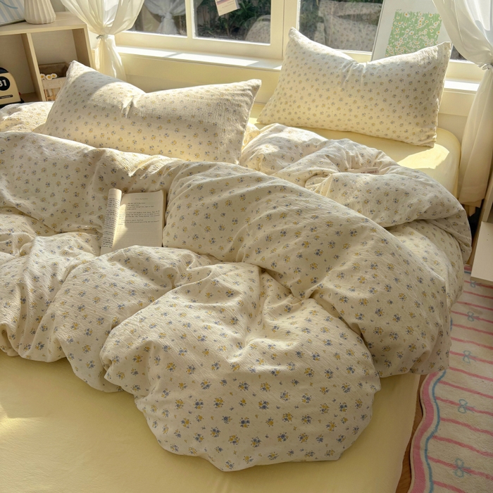 91家纺网 家纺一手货源 找家纺 耀达家居 2025新款木棉A类有氧双层纱四件套小清新碎花床单宿舍三件套 梨梦