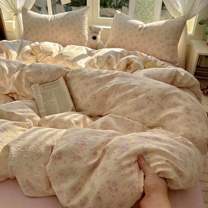 耀达家居 2025新款木棉A类有氧双层纱四件套小清新碎花床单宿舍三件套 露丝