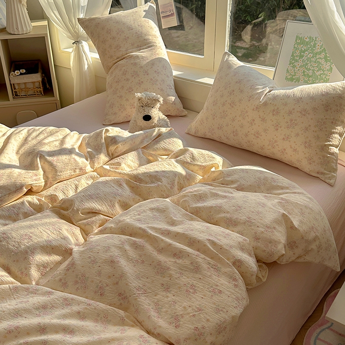 91家纺网 家纺一手货源 找家纺 耀达家居 2025新款木棉A类有氧双层纱四件套小清新碎花床单宿舍三件套 露丝