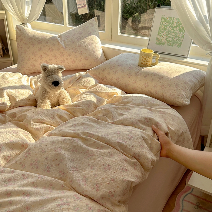 91家纺网 家纺一手货源 找家纺 耀达家居 2025新款木棉A类有氧双层纱四件套小清新碎花床单宿舍三件套 露丝