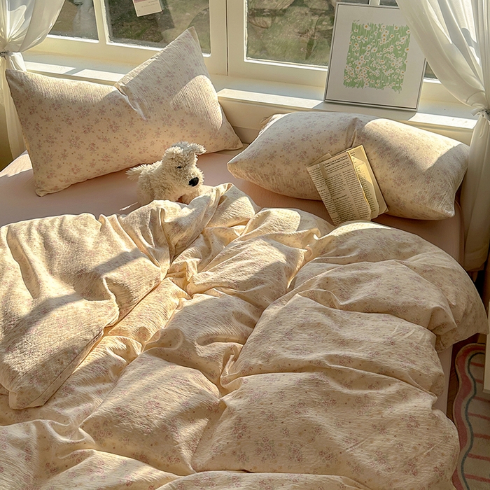 91家纺网 家纺一手货源 找家纺 耀达家居 2025新款木棉A类有氧双层纱四件套小清新碎花床单宿舍三件套 露丝