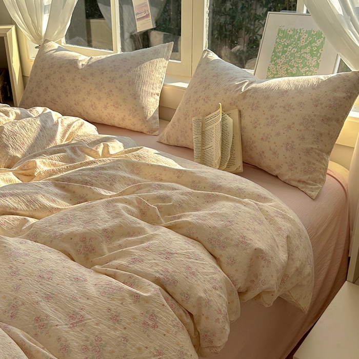 91家纺网 家纺一手货源 找家纺 耀达家居 2025新款木棉A类有氧双层纱四件套小清新碎花床单宿舍三件套 露丝