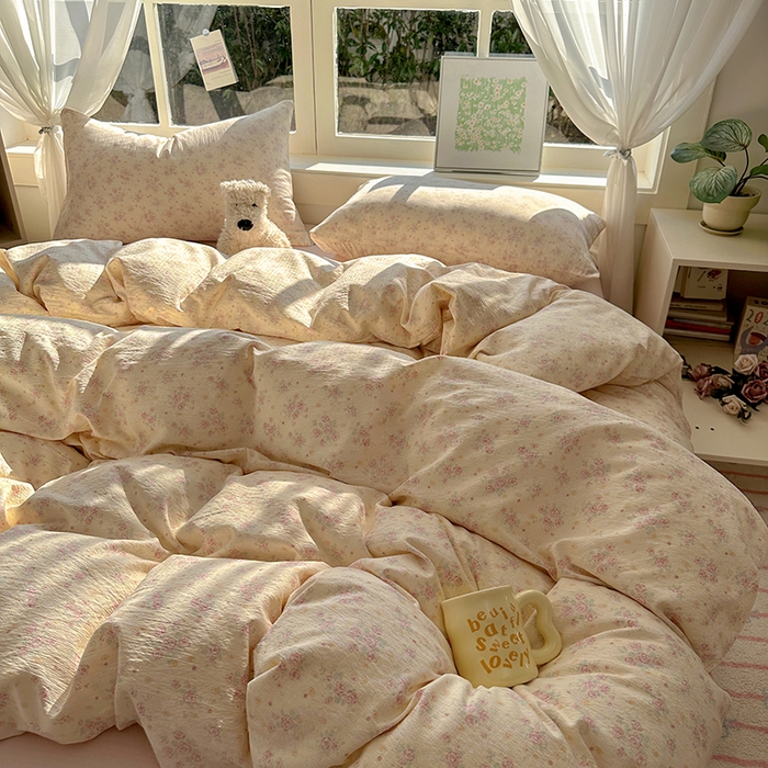 91家纺网 家纺一手货源 找家纺 耀达家居 2025新款木棉A类有氧双层纱四件套小清新碎花床单宿舍三件套 露丝