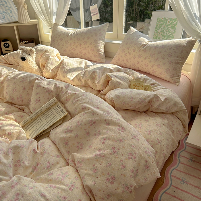 91家纺网 家纺一手货源 找家纺 耀达家居 2025新款木棉A类有氧双层纱四件套小清新碎花床单宿舍三件套 露丝