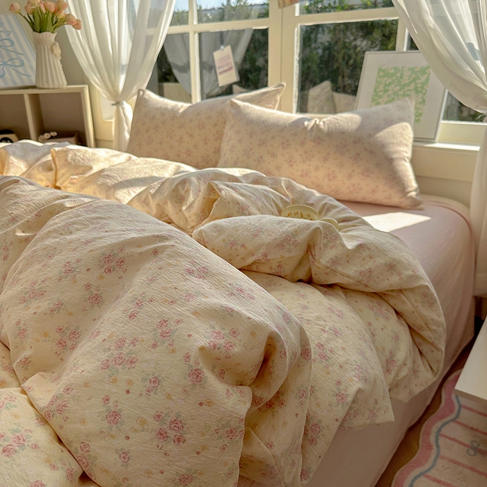 91家纺网 家纺一手货源 找家纺 耀达家居 2025新款木棉A类有氧双层纱四件套小清新碎花床单宿舍三件套 露丝