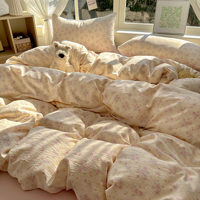 91家纺网 家纺一手货源 找家纺 耀达家居 2025新款木棉A类有氧双层纱四件套小清新碎花床单宿舍三件套 露丝