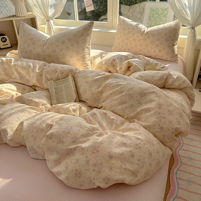 91家纺网 家纺一手货源 找家纺 耀达家居 2025新款木棉A类有氧双层纱四件套小清新碎花床单宿舍三件套 露丝