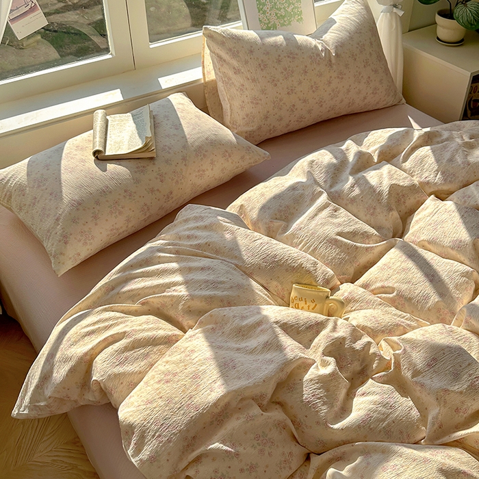 91家纺网 家纺一手货源 找家纺 耀达家居 2025新款木棉A类有氧双层纱四件套小清新碎花床单宿舍三件套 露丝