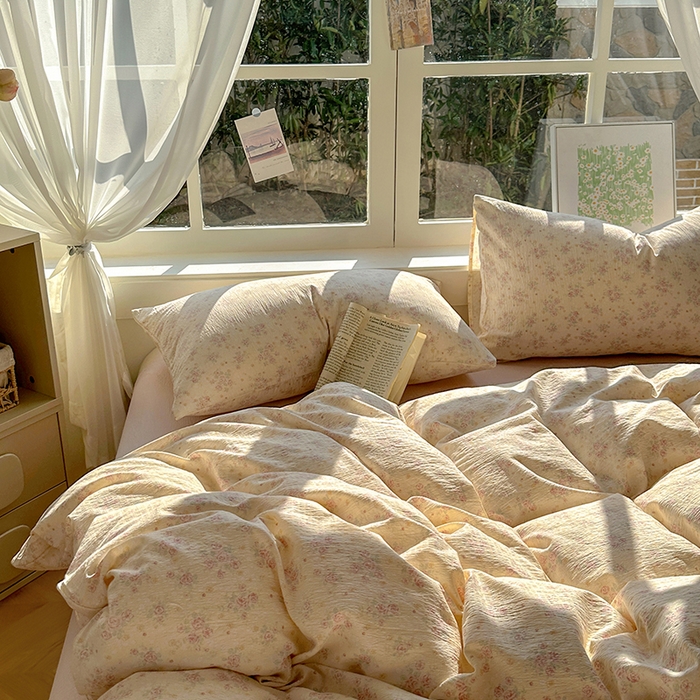 91家纺网 家纺一手货源 找家纺 耀达家居 2025新款木棉A类有氧双层纱四件套小清新碎花床单宿舍三件套 露丝