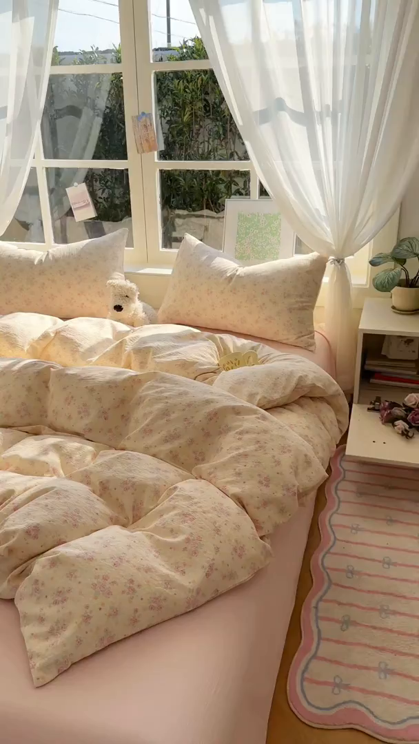 91家纺网 家纺一手货源 找家纺 耀达家居 2025新款木棉A类有氧双层纱四件套小清新碎花床单宿舍三件套 露丝