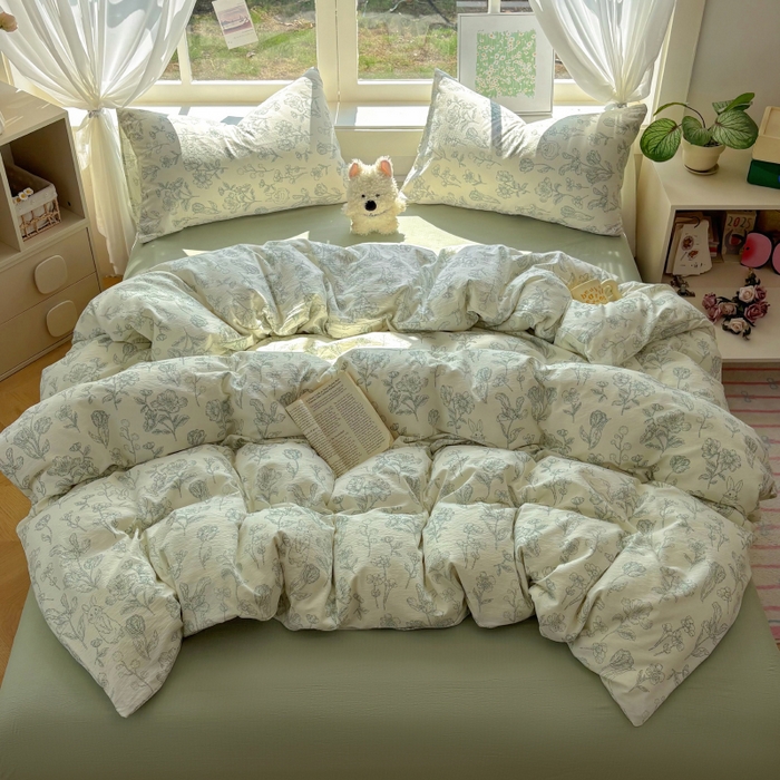 91家纺网 家纺一手货源 找家纺 耀达家居 2025新款木棉A类有氧双层纱四件套小清新碎花床单宿舍三件套 绿野