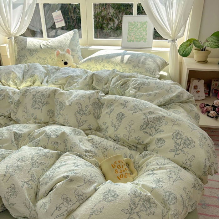 91家纺网 家纺一手货源 找家纺 耀达家居 2025新款木棉A类有氧双层纱四件套小清新碎花床单宿舍三件套 绿野