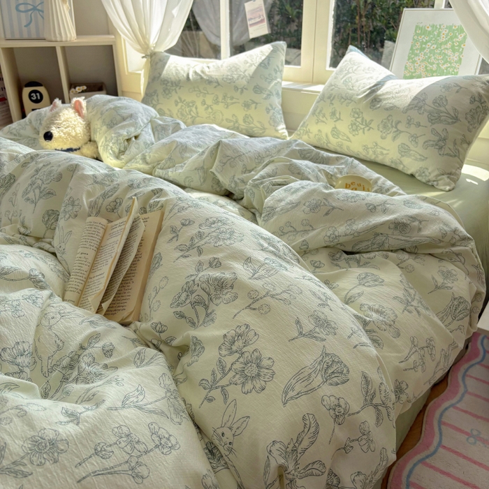 91家纺网 家纺一手货源 找家纺 耀达家居 2025新款木棉A类有氧双层纱四件套小清新碎花床单宿舍三件套 绿野