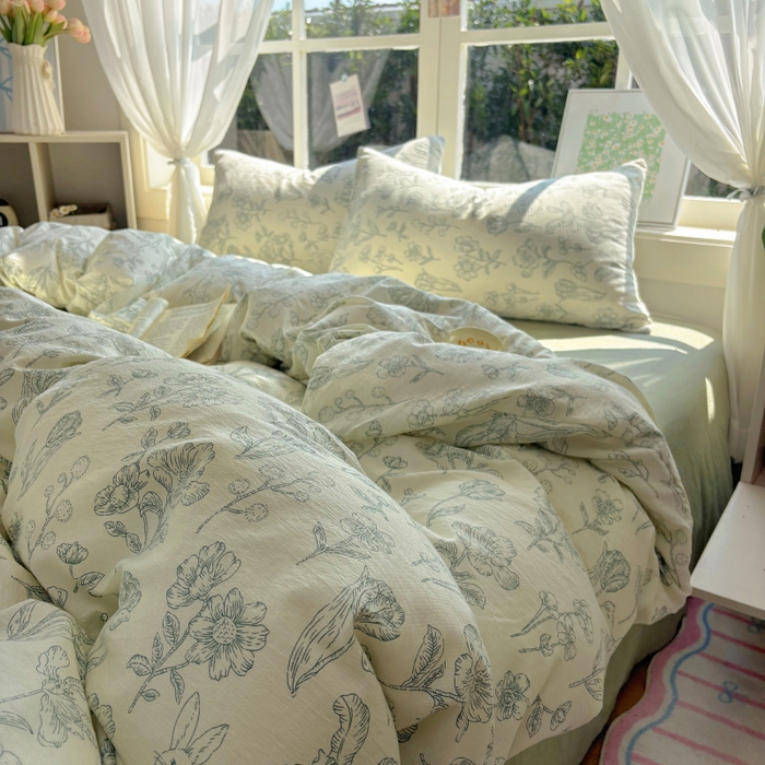 91家纺网 家纺一手货源 找家纺 耀达家居 2025新款木棉A类有氧双层纱四件套小清新碎花床单宿舍三件套 绿野