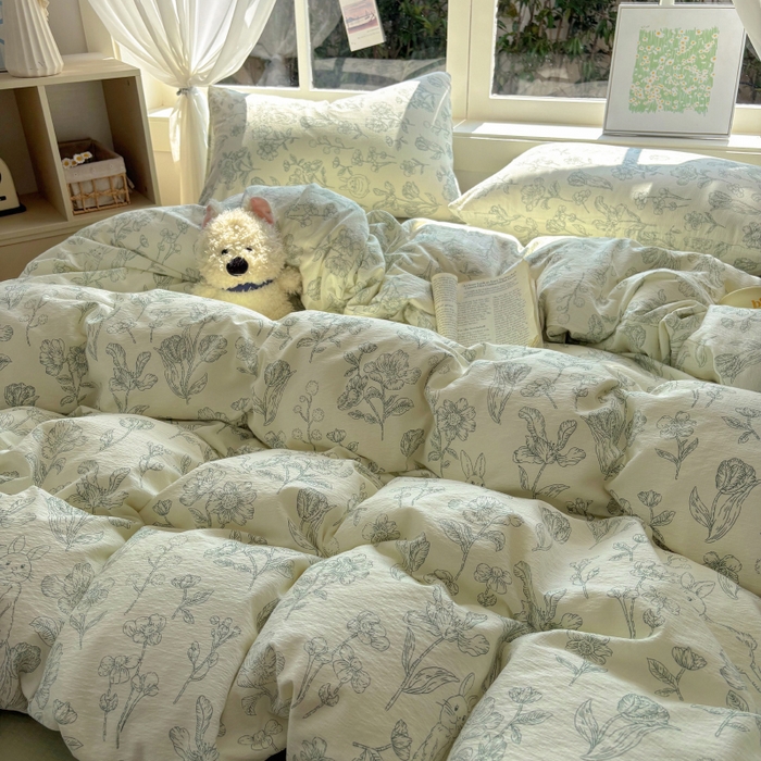 91家纺网 家纺一手货源 找家纺 耀达家居 2025新款木棉A类有氧双层纱四件套小清新碎花床单宿舍三件套 绿野