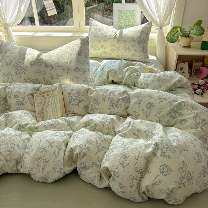 91家纺网 家纺一手货源 找家纺 耀达家居 2025新款木棉A类有氧双层纱四件套小清新碎花床单宿舍三件套 绿野