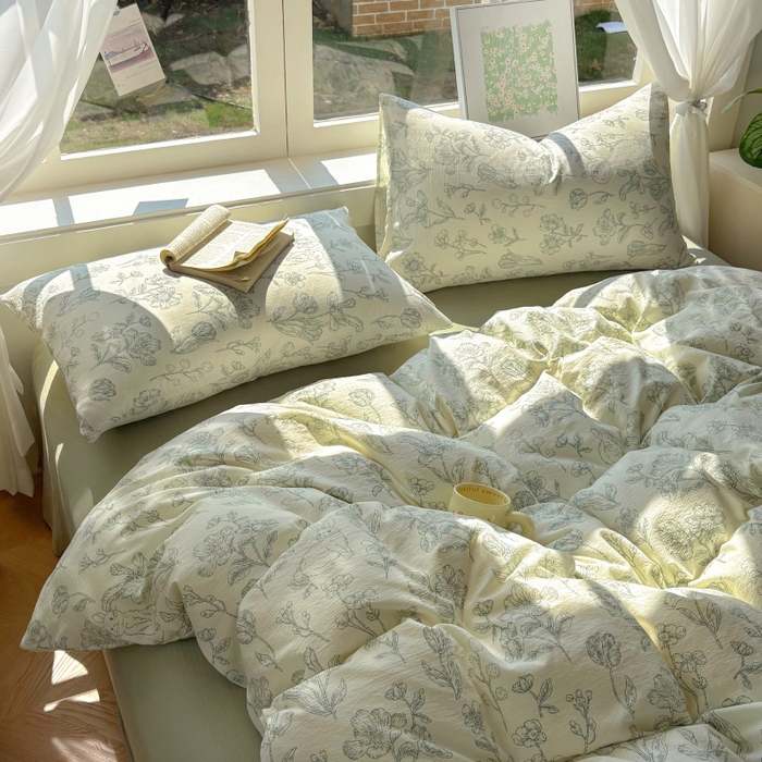 91家纺网 家纺一手货源 找家纺 耀达家居 2025新款木棉A类有氧双层纱四件套小清新碎花床单宿舍三件套 绿野