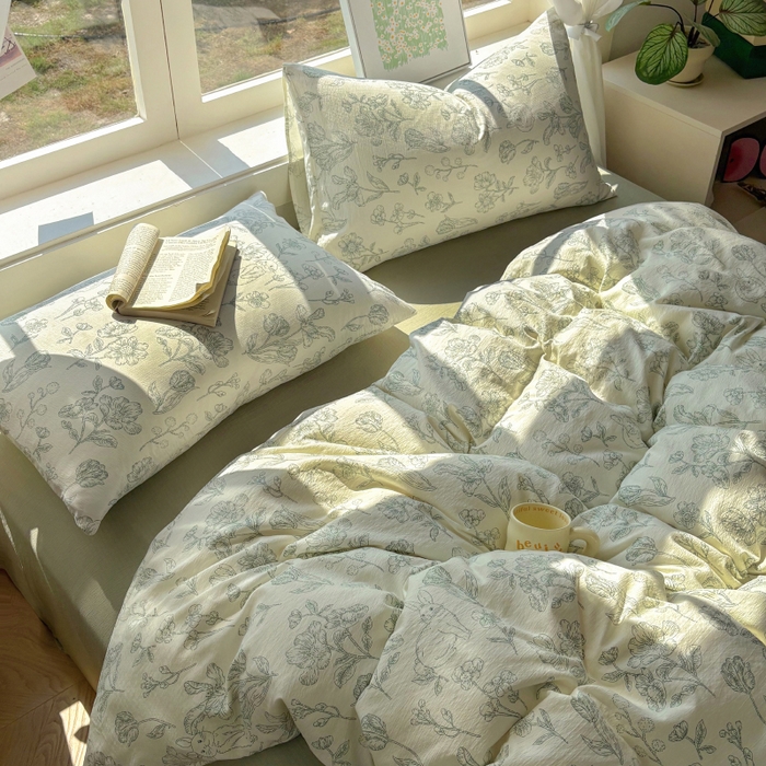 91家纺网 家纺一手货源 找家纺 耀达家居 2025新款木棉A类有氧双层纱四件套小清新碎花床单宿舍三件套 绿野