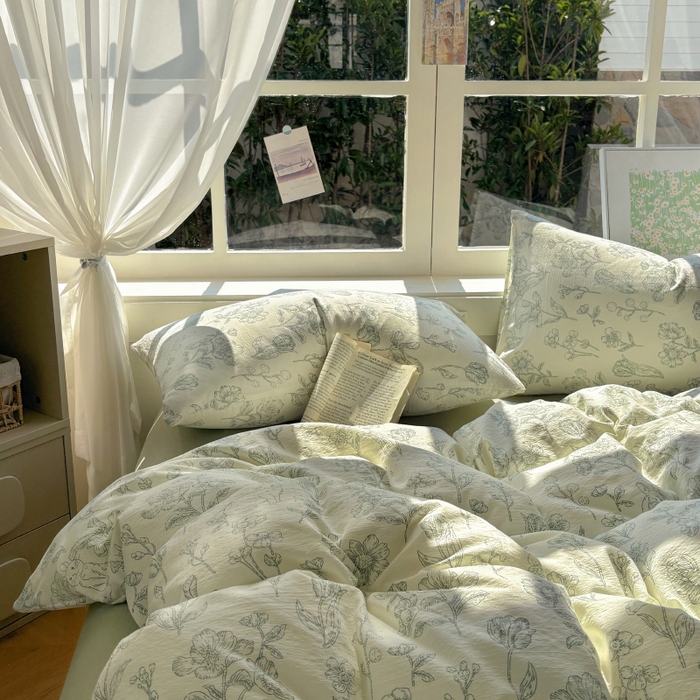 91家纺网 家纺一手货源 找家纺 耀达家居 2025新款木棉A类有氧双层纱四件套小清新碎花床单宿舍三件套 绿野