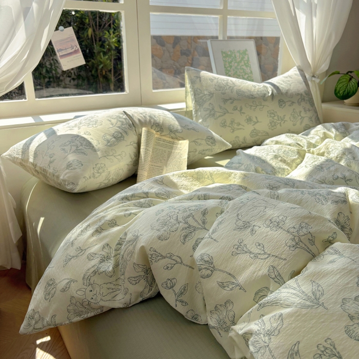 91家纺网 家纺一手货源 找家纺 耀达家居 2025新款木棉A类有氧双层纱四件套小清新碎花床单宿舍三件套 绿野