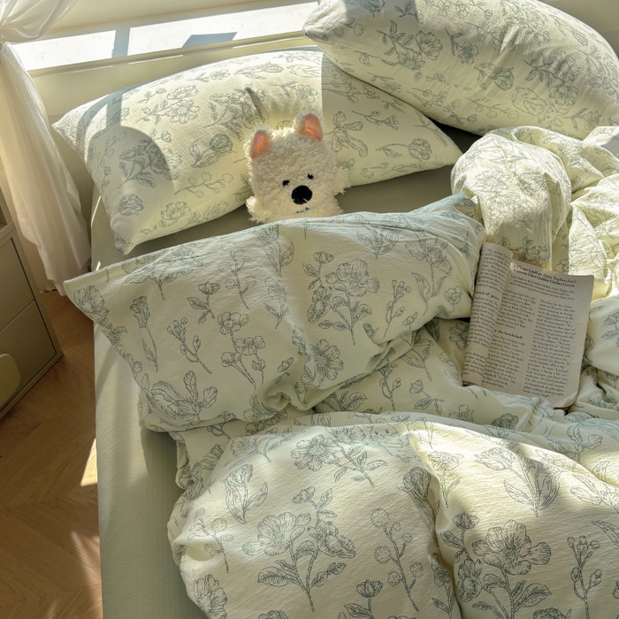 91家纺网 家纺一手货源 找家纺 耀达家居 2025新款木棉A类有氧双层纱四件套小清新碎花床单宿舍三件套 绿野