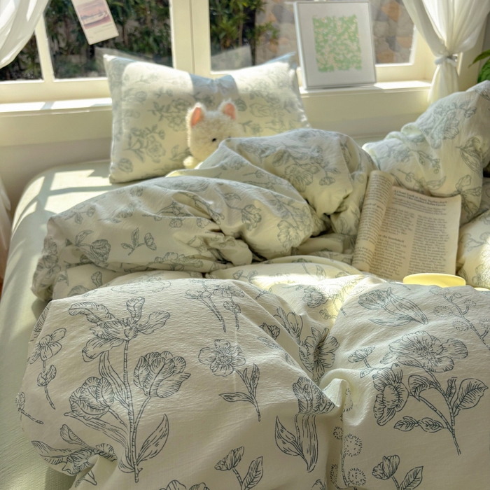 91家纺网 家纺一手货源 找家纺 耀达家居 2025新款木棉A类有氧双层纱四件套小清新碎花床单宿舍三件套 绿野