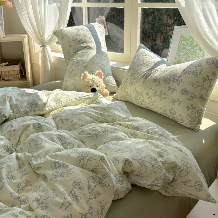 91家纺网 家纺一手货源 找家纺 耀达家居 2025新款木棉A类有氧双层纱四件套小清新碎花床单宿舍三件套 绿野