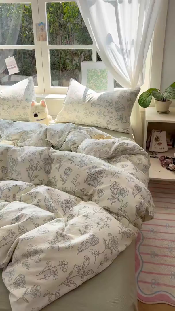 91家纺网 家纺一手货源 找家纺 耀达家居 2025新款木棉A类有氧双层纱四件套小清新碎花床单宿舍三件套 绿野