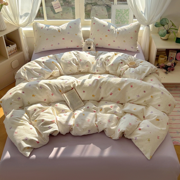 91家纺网 家纺一手货源 找家纺 耀达家居 2025新款木棉A类有氧双层纱四件套小清新碎花床单宿舍三件套 蜜豆