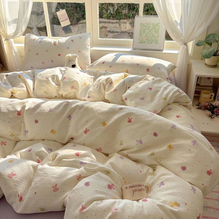 91家纺网 家纺一手货源 找家纺 耀达家居 2025新款木棉A类有氧双层纱四件套小清新碎花床单宿舍三件套 蜜豆