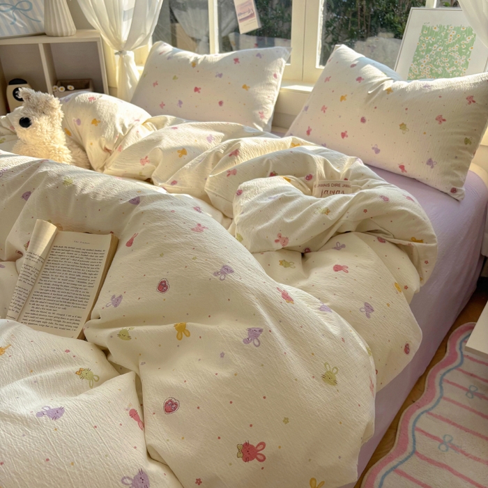 91家纺网 家纺一手货源 找家纺 耀达家居 2025新款木棉A类有氧双层纱四件套小清新碎花床单宿舍三件套 蜜豆