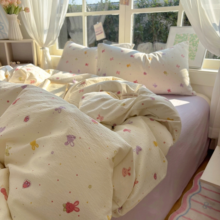 91家纺网 家纺一手货源 找家纺 耀达家居 2025新款木棉A类有氧双层纱四件套小清新碎花床单宿舍三件套 蜜豆