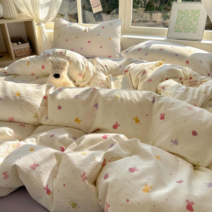 91家纺网 家纺一手货源 找家纺 耀达家居 2025新款木棉A类有氧双层纱四件套小清新碎花床单宿舍三件套 蜜豆